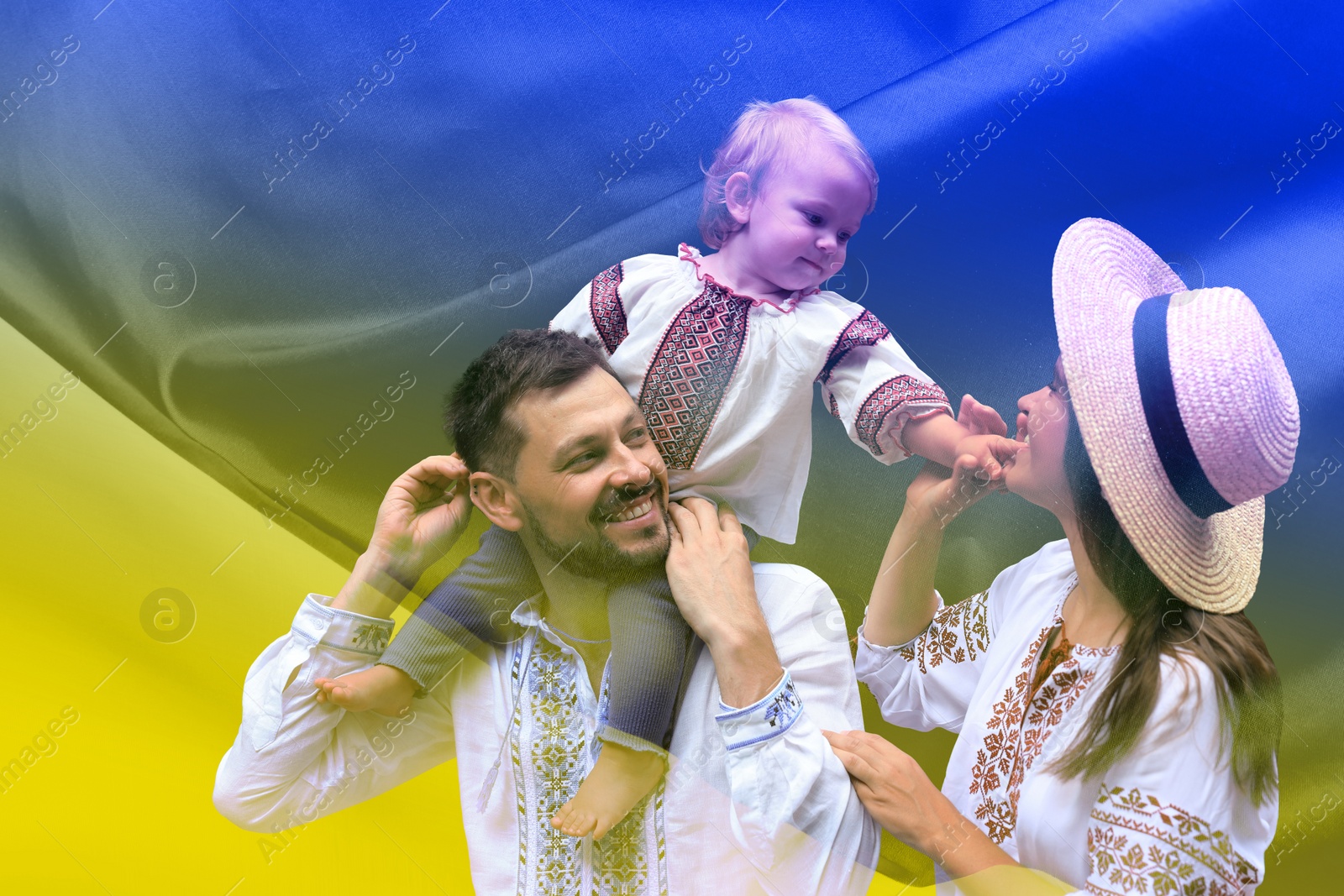 Image of Double exposure of happy family wearing national clothes and Ukrainian flag