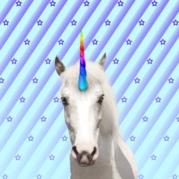 Image of Trendy art collage. Beautiful unicorn on color background