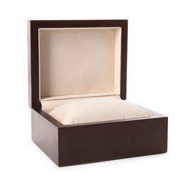 Photo of Empty stylish watch box isolated on white