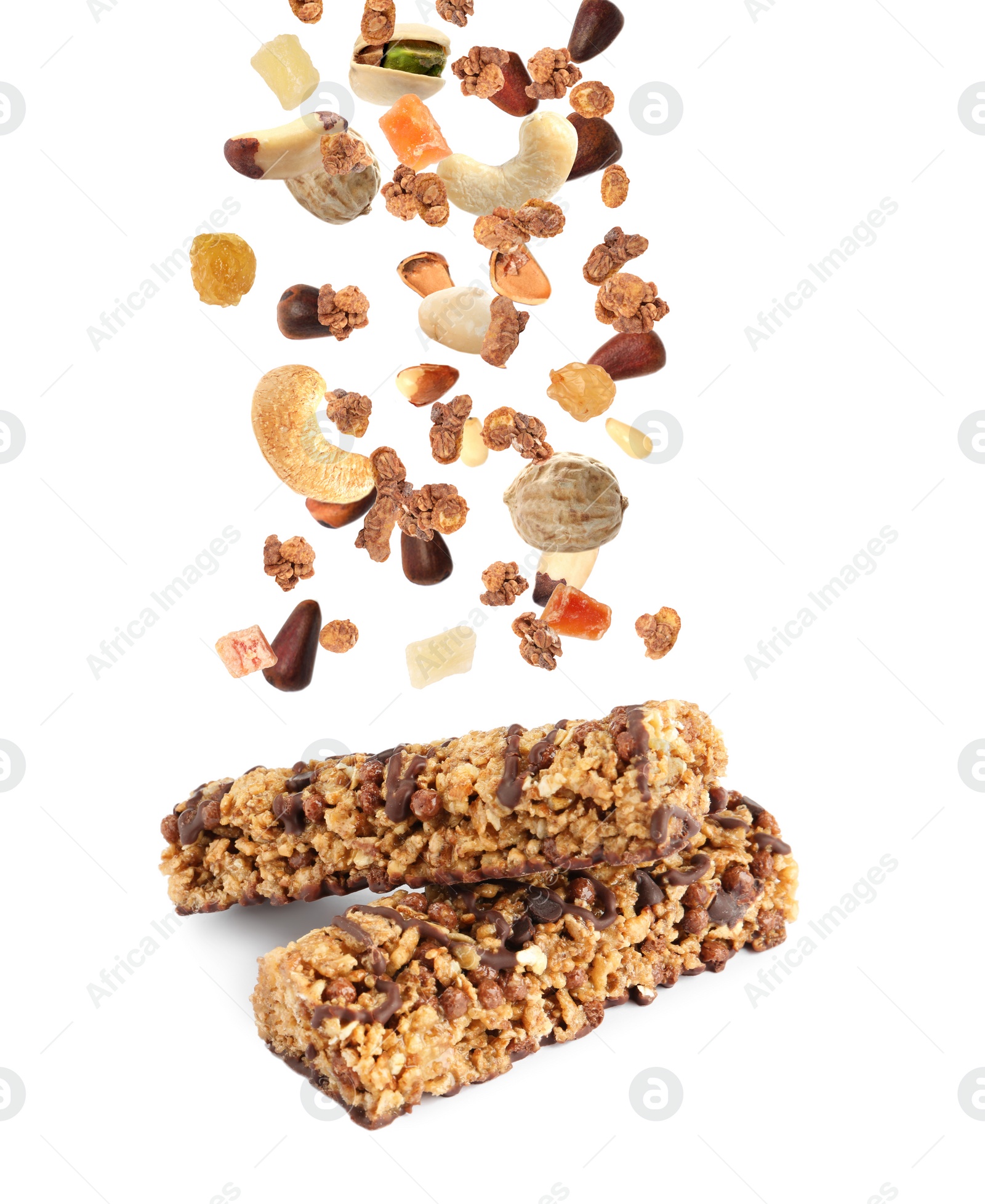 Image of Tasty protein bars and granola with nuts and dried fruits falling on white background