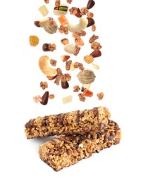 Image of Tasty protein bars and granola with nuts and dried fruits falling on white background