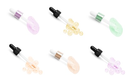 Image of Droppers with serum on white background, top view. Skin care product