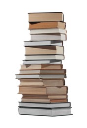 Photo of High stack of many different books isolated on white