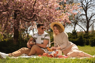 Happy couple having picnic in park on sunny day