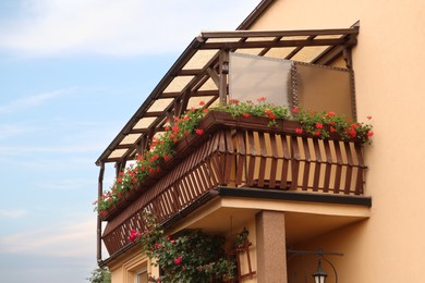 Photo of Wooden balcony decorated with beautiful blooming potted flowers