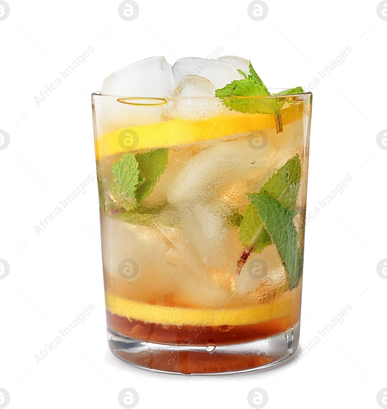 Photo of Glass of mint julep cocktail on white background