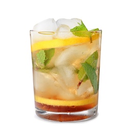 Photo of Glass of mint julep cocktail on white background