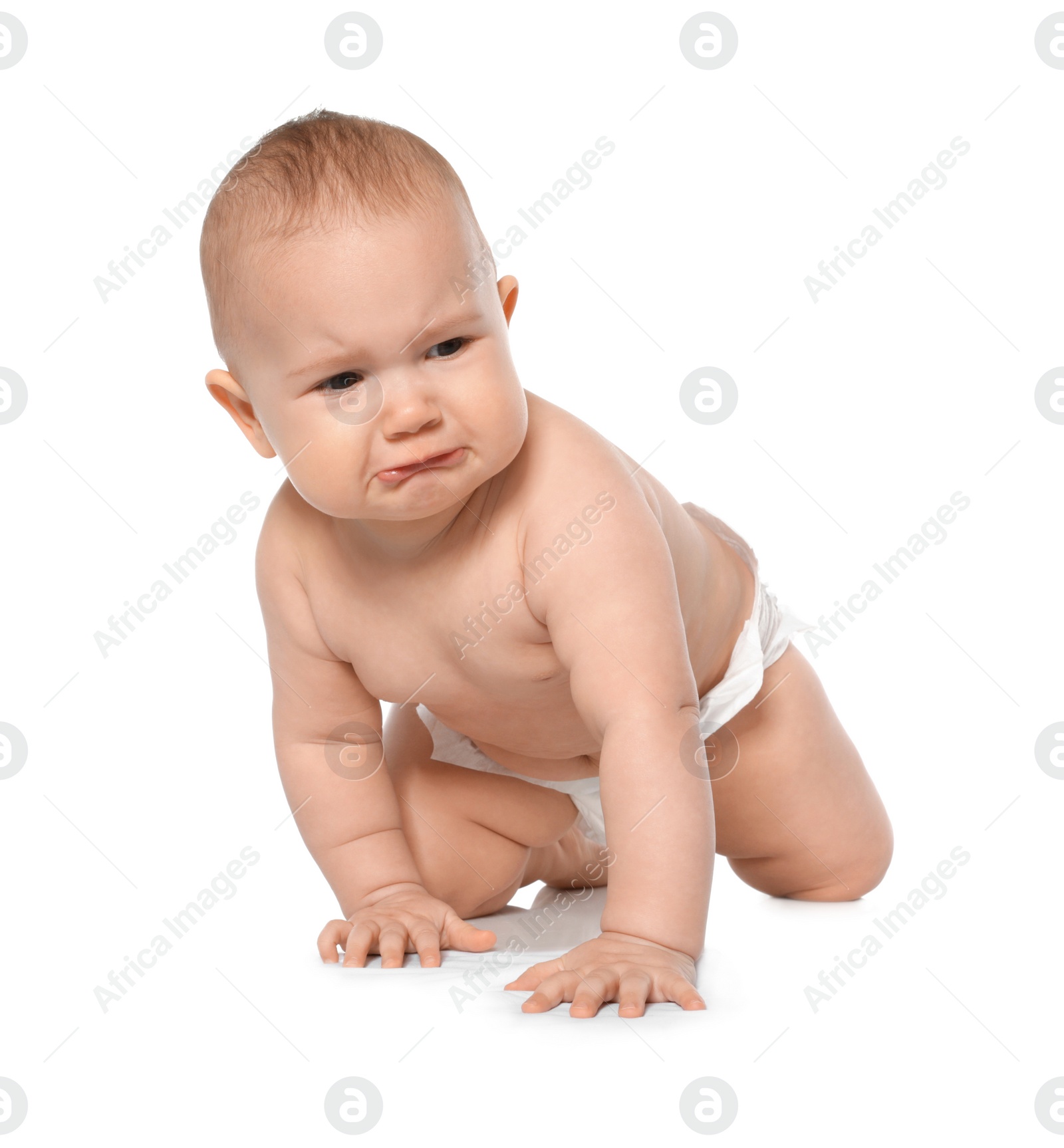 Photo of Cute little baby crawling on white background