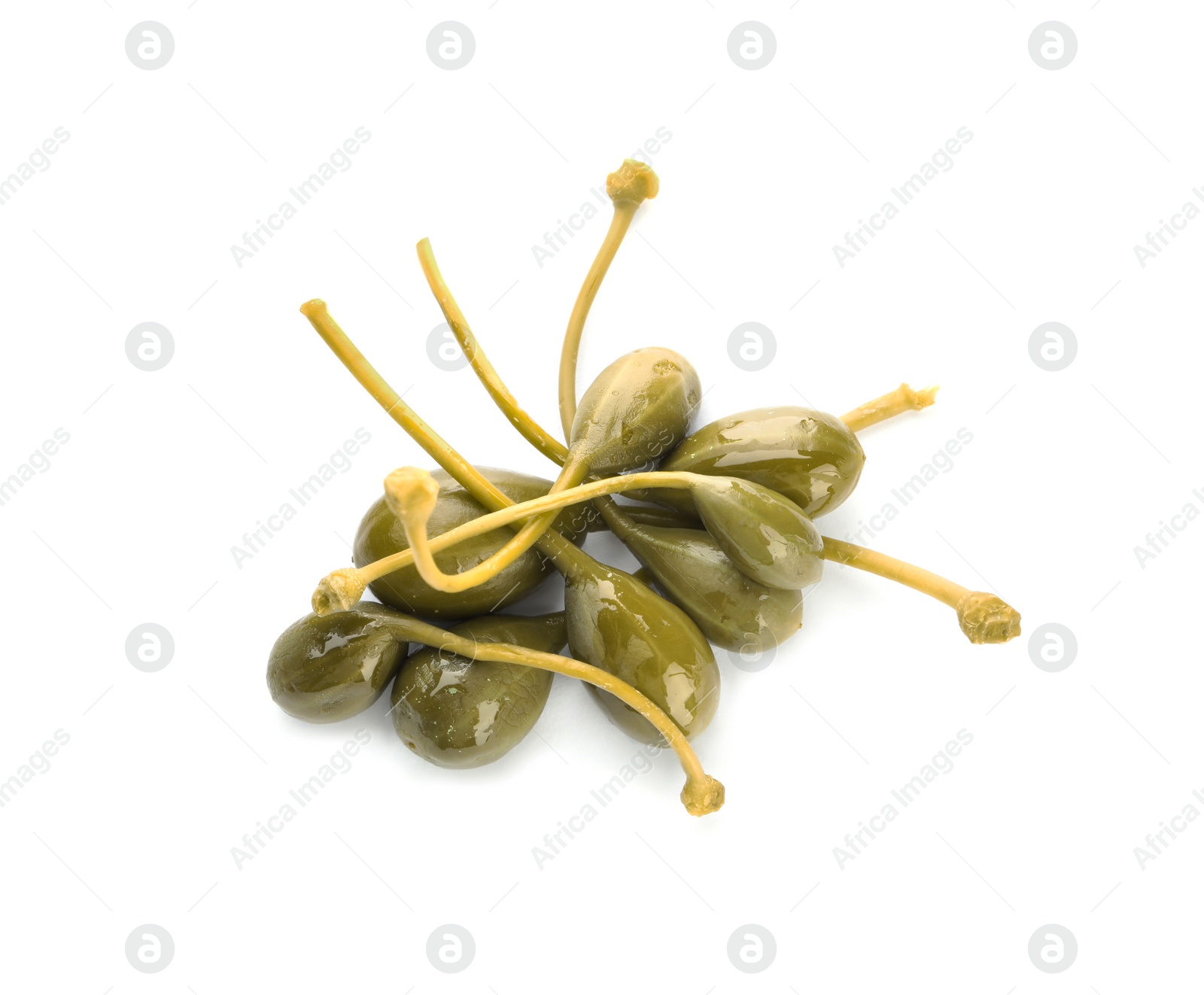 Photo of Pile of delicious pickled capers on white background, top view