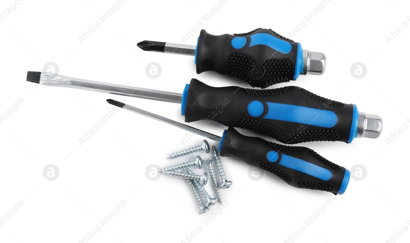 Photo of Screwdrivers with black handles and screws isolated on white, top view