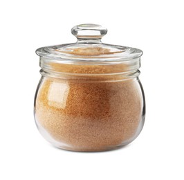 Photo of Glass jar of granulated brown sugar isolated on white