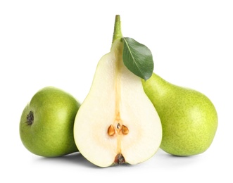 Photo of Whole and sliced pears on white background