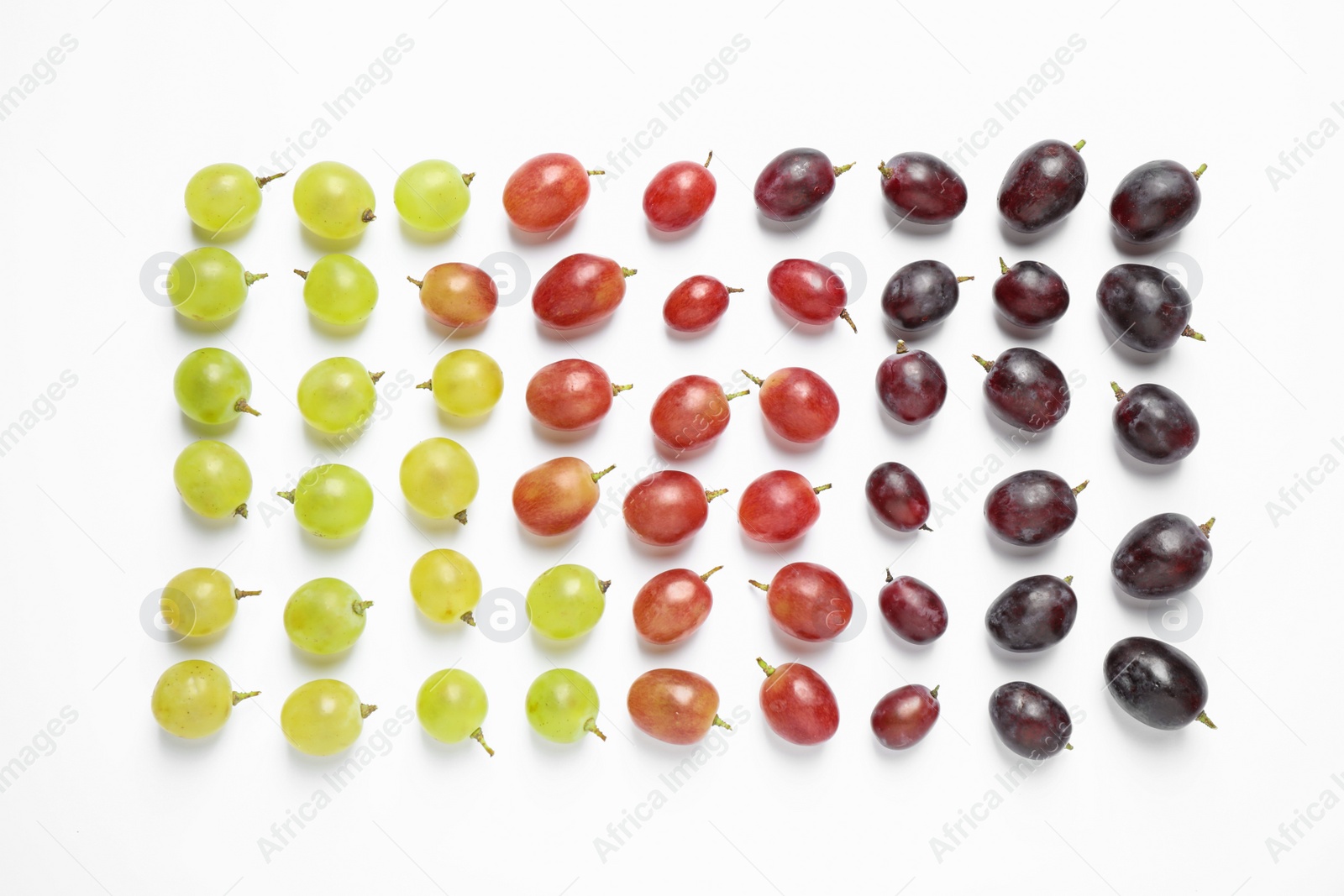 Photo of Fresh ripe juicy grapes on white background, top view