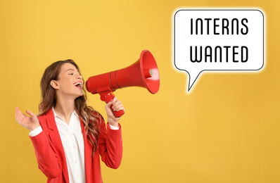 Image of Young woman with megaphone and text INTERNS WANTED on yellow background