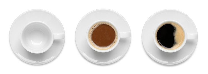 Image of Set with cups of hot aromatic coffee on white background, top view. Banner design