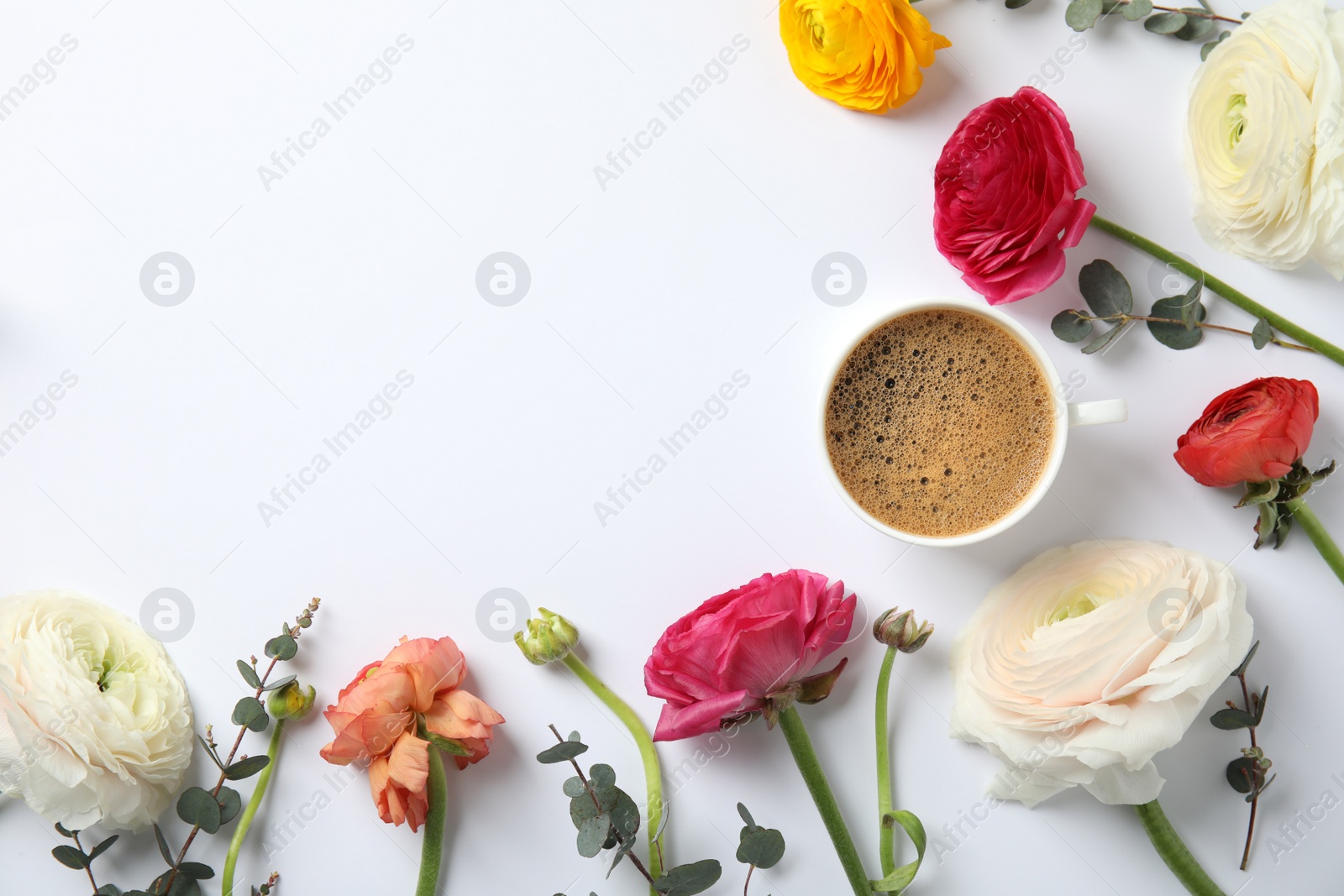 Photo of Flat lay composition with spring ranunculus flowers and cup of coffee on white background. Space for text