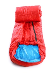 Photo of Sleeping bag on white background. Camping equipment