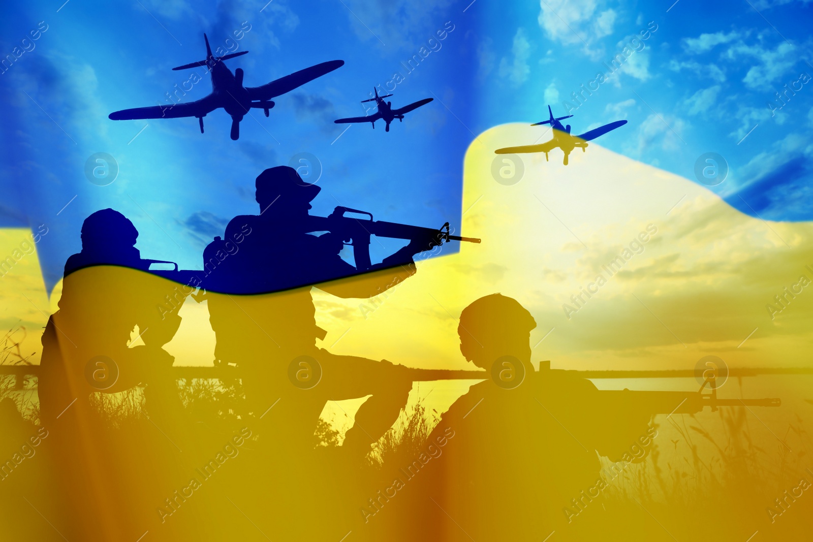 Image of Silhouettes of soldiers and Ukrainian national flag, double exposure