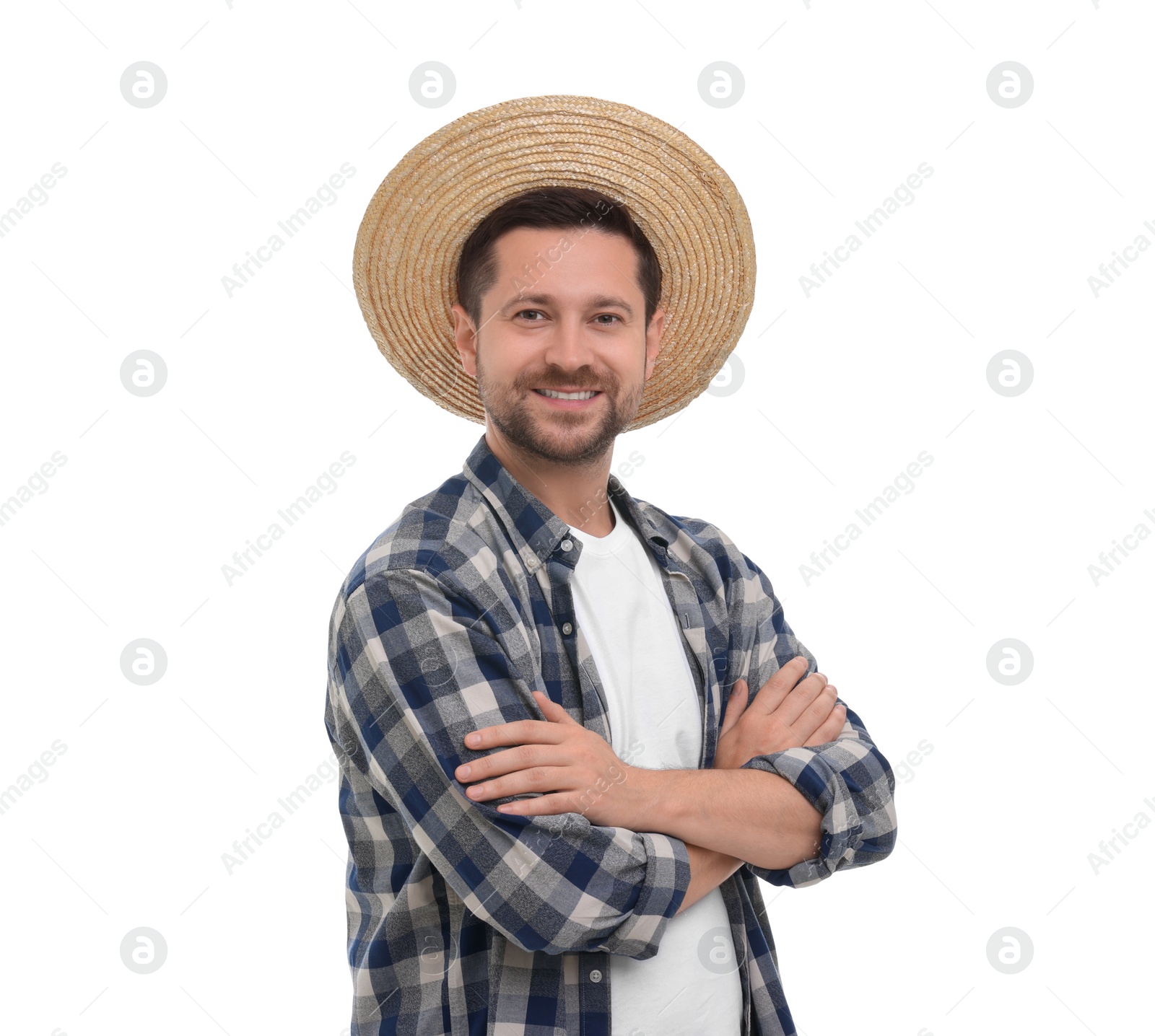 Photo of Harvesting season. Happy farmer with crossed arms on white background