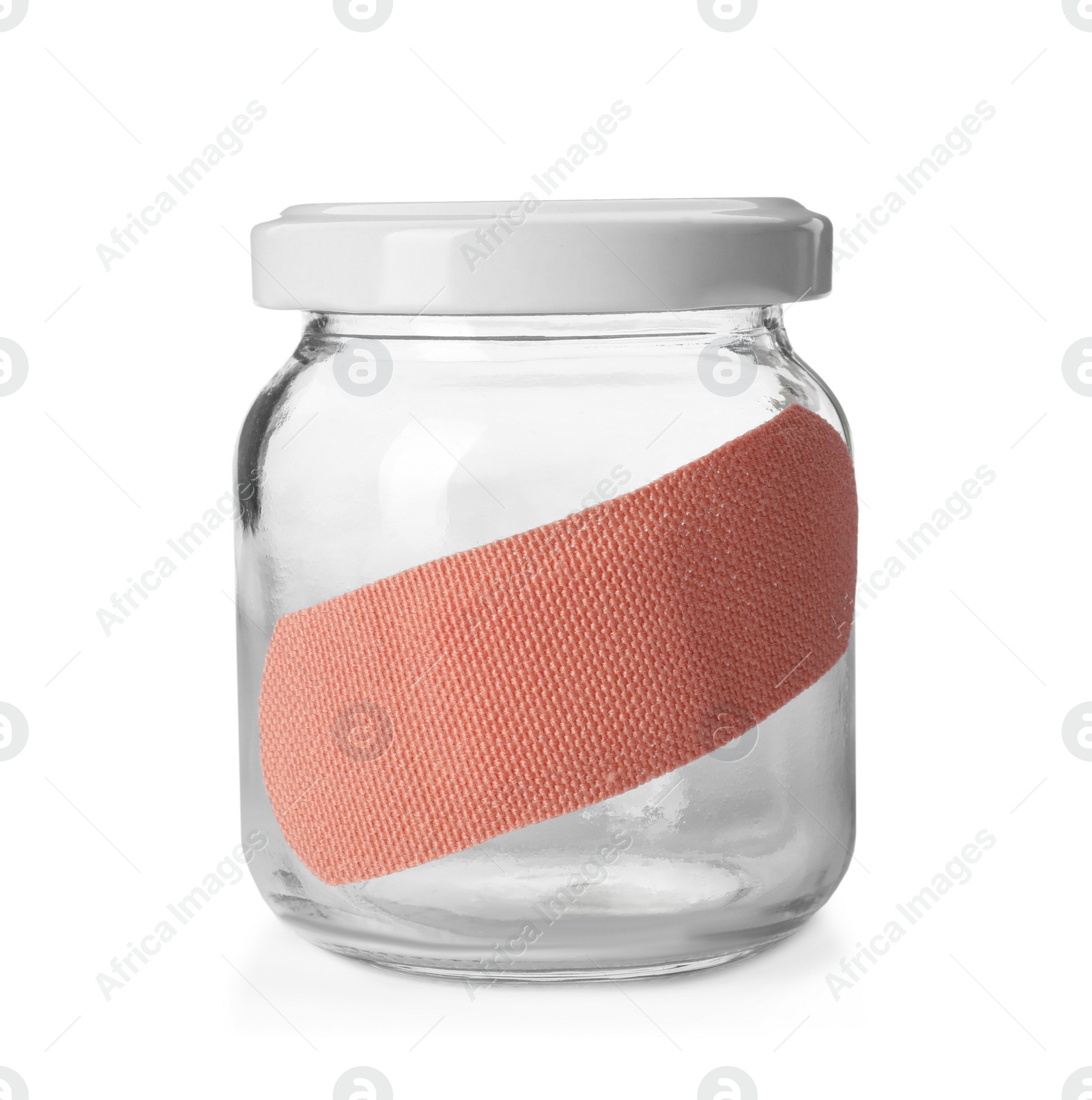 Photo of Glass jar with sticking plaster isolated on white
