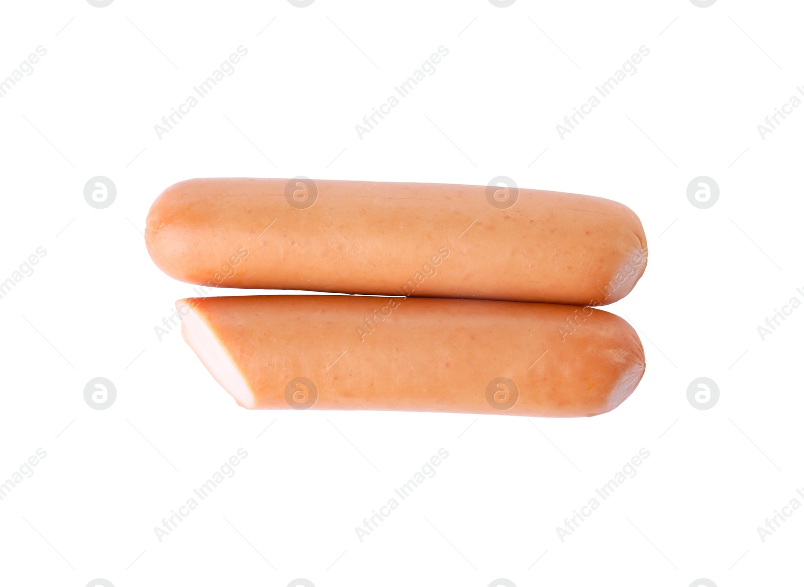 Photo of Tasty sausages on white background. Meat product