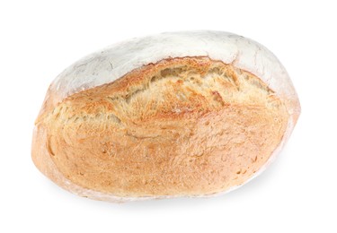 Photo of Loaf of tasty wheat sodawater bread isolated on white, top view