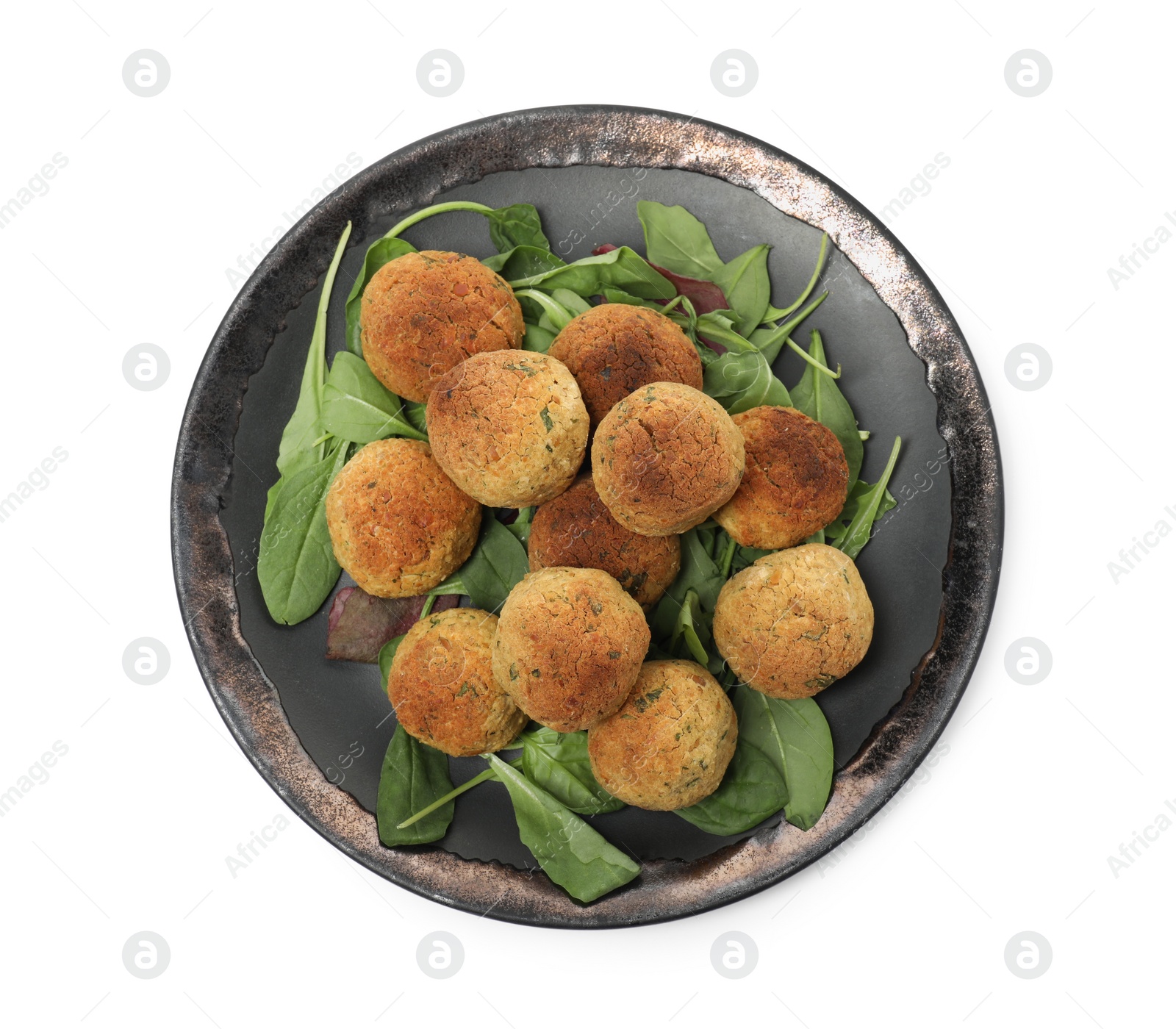 Photo of Delicious falafel balls with herbs on white background, top view