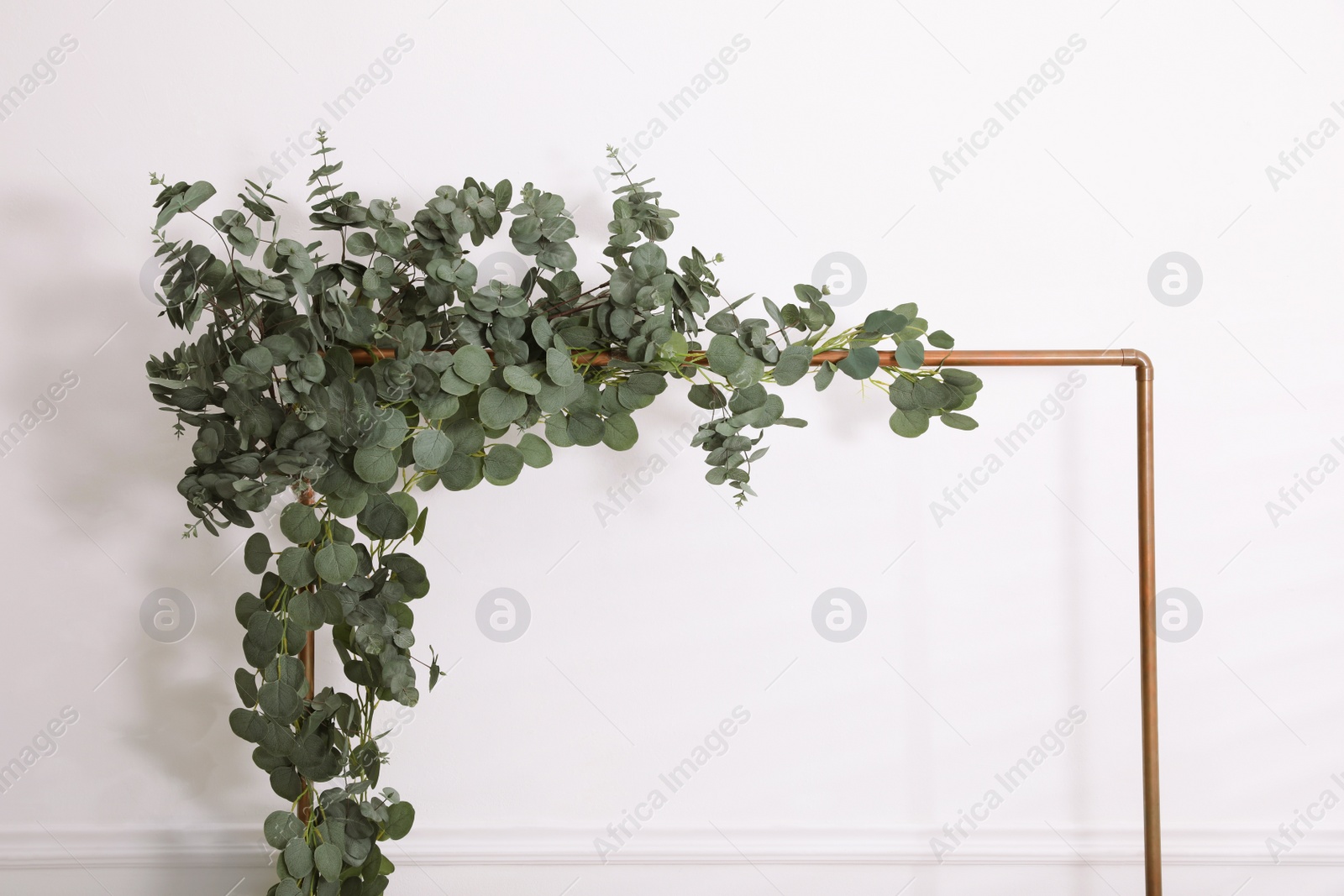 Photo of Stylish photo zone with frame and green leaves indoors