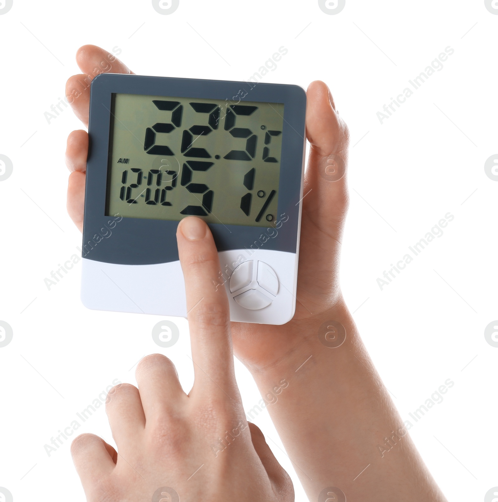 Photo of Woman holding digital hygrometer on white background, closeup