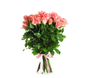 Bouquet of beautiful roses on white background