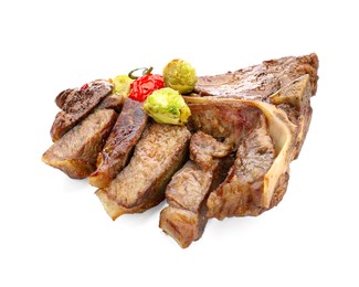 Photo of Delicious grilled beef meat and vegetables isolated on white