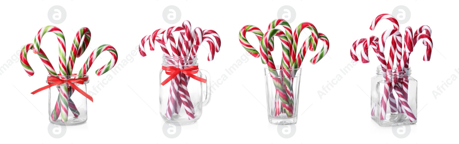 Image of Set with yummy sweet Christmas candy canes on white background. Banner design