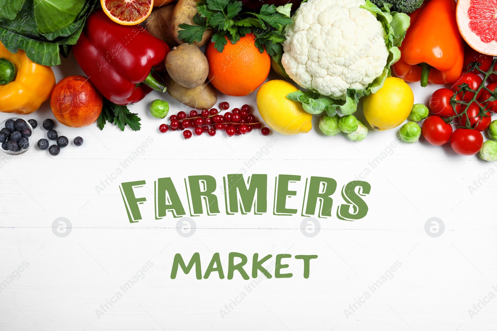 Image of Fresh products rich in vitamin C on white wooden table, flat lay. Farmers market