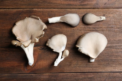 Delicious organic oyster mushrooms on wooden background, flat lay