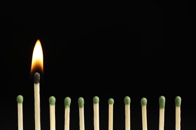 Photo of Burning match among unlit ones on black background, closeup