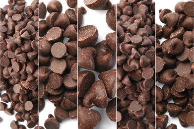 Image of Collage of tasty chocolate chips on white background, top view