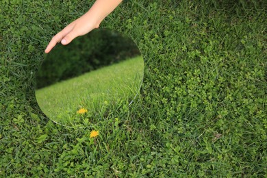 Girl holding round mirror reflecting green grass and dandelion, closeup