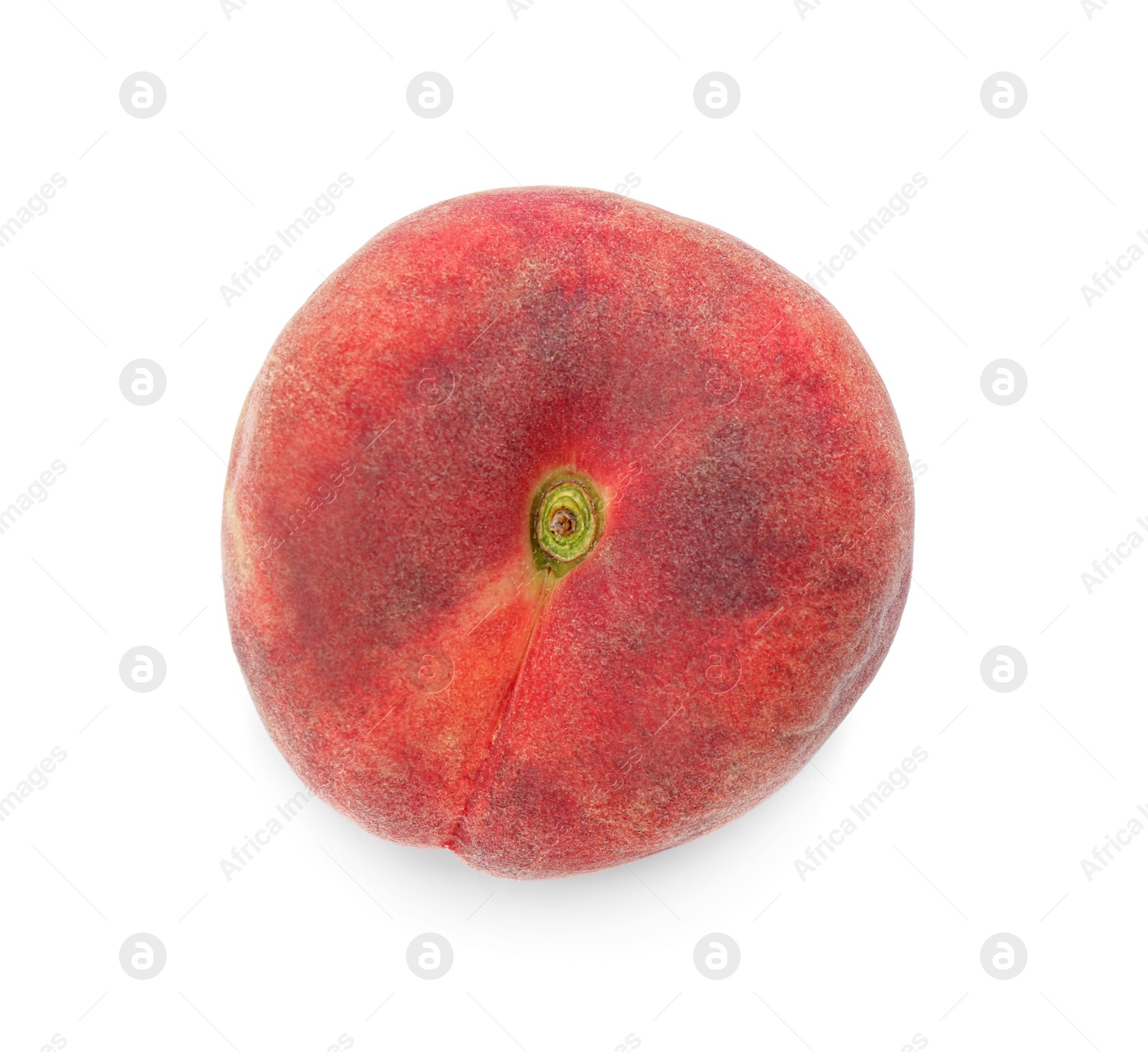 Photo of Fresh ripe donut peach isolated on white, top view