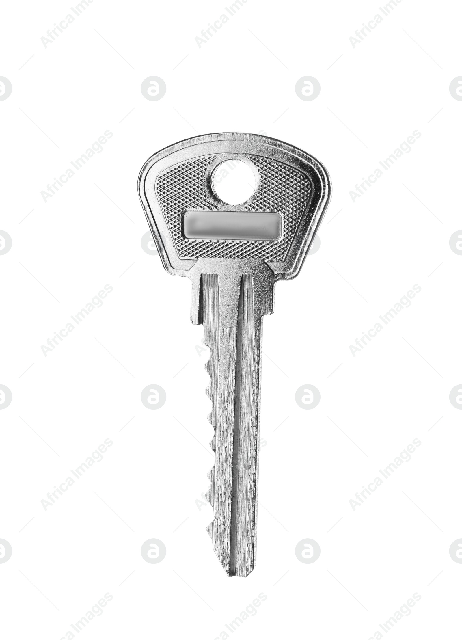 Photo of One modern steel key on white background