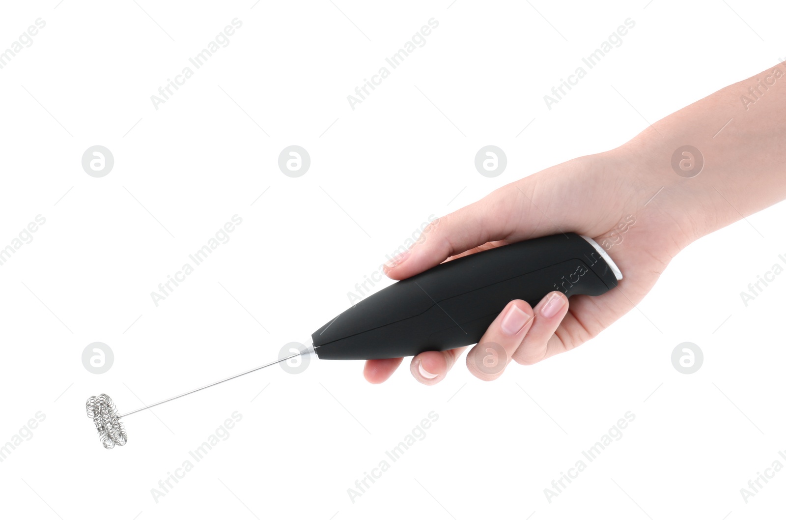 Photo of Woman holding black milk frother wand on white background, closeup