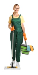 Photo of Female janitor with cleaning equipment on white background