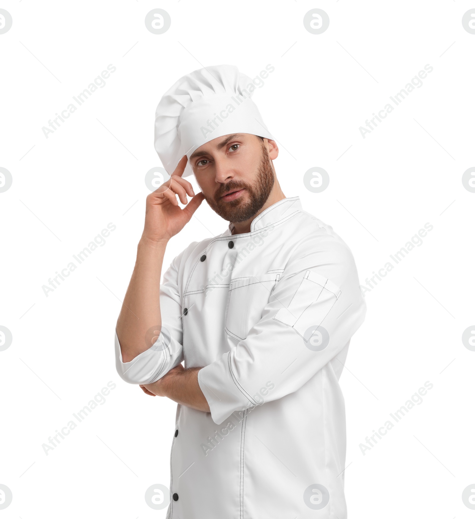 Photo of Mature male chef in uniform on white background