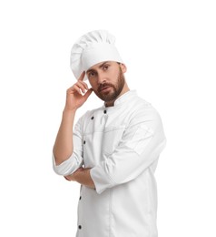Photo of Mature male chef in uniform on white background