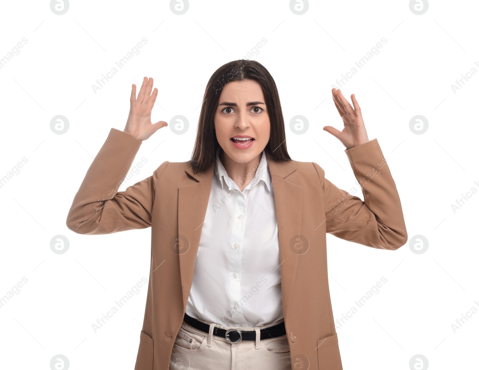 Photo of Beautiful emotional business woman on white background