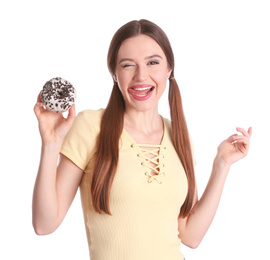Beautiful young woman with donut on white background