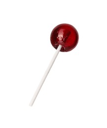 Photo of Tasty red lollipop isolated on white. Confectionery product