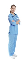 Full length portrait of young medical assistant with stethoscope on white background