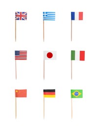 Image of Set of toothpicks with flags of different countries on white background