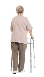 Photo of Elderly woman using walking frame isolated on white, back view