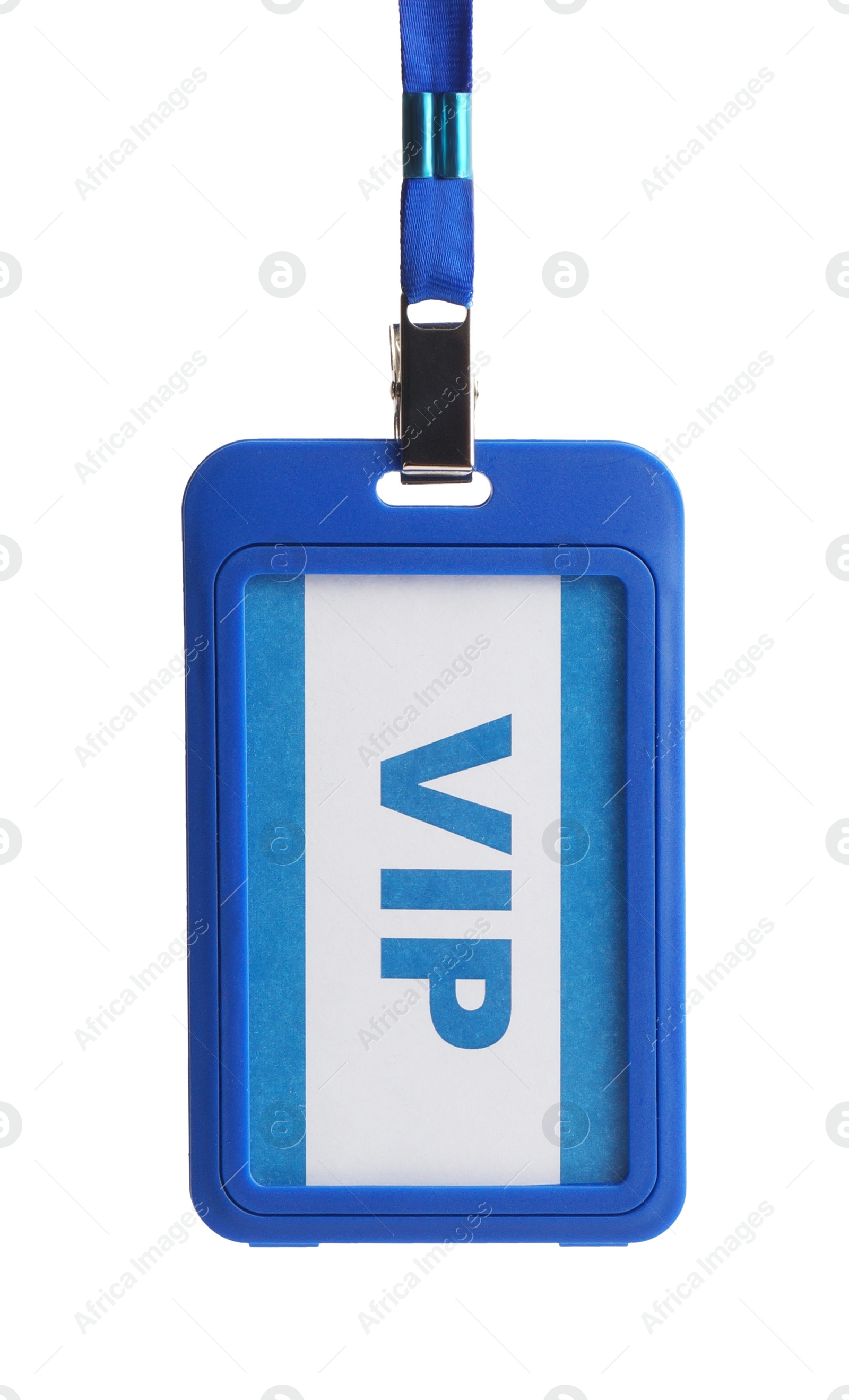 Photo of Blue plastic VIP badge hanging on white background